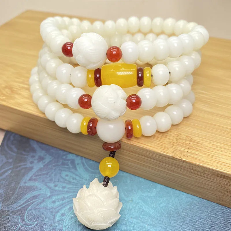 White Jade Bodhi bracelet with 108 beads showing three different bead size options