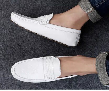 Men's black plus size authentic leather driving loafers with rubber sole