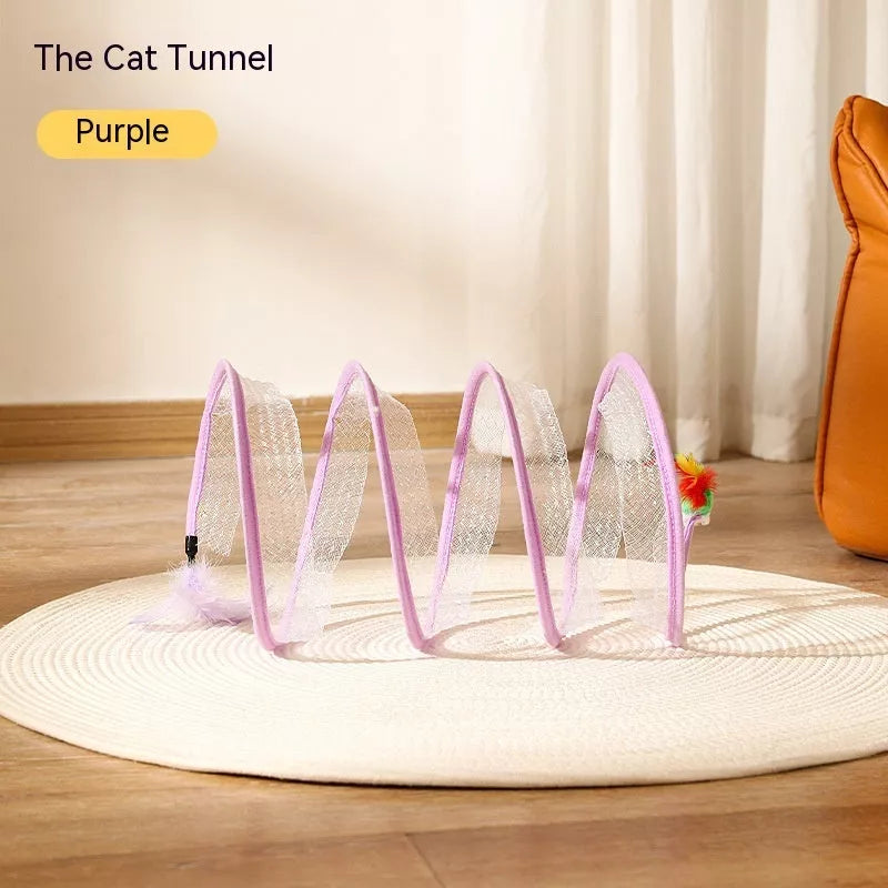 Folded Cat Tunnel S Type with Spring Toy Mouse for interactive cat play