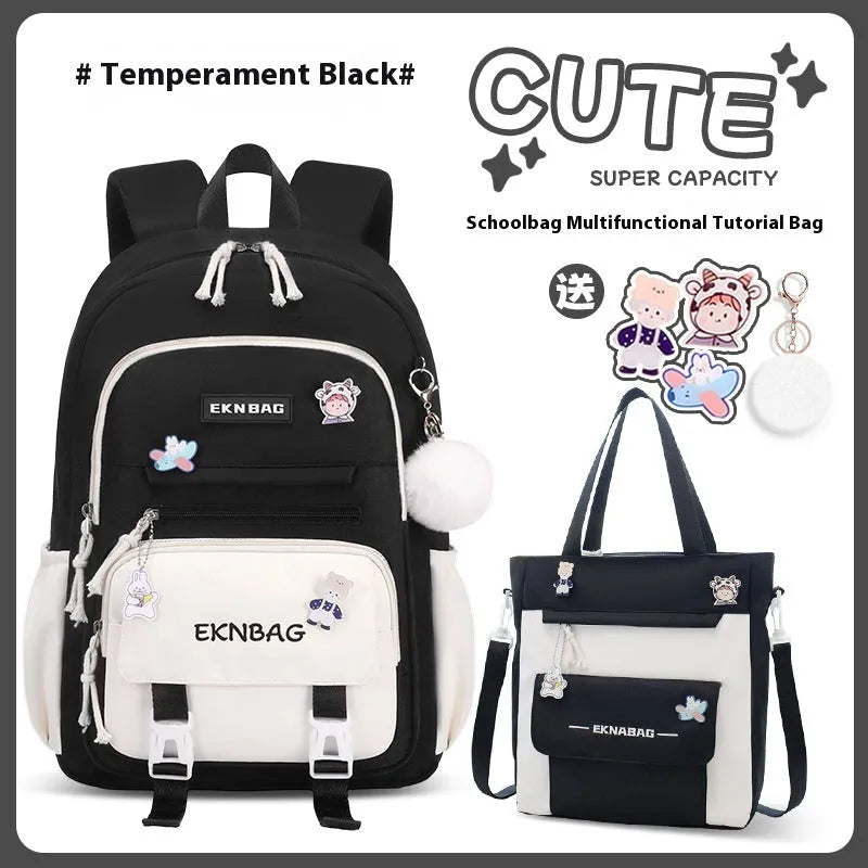 Pink waterproof Oxford cloth school backpack for girls with curved shoulder straps, shown with matching pencil case.