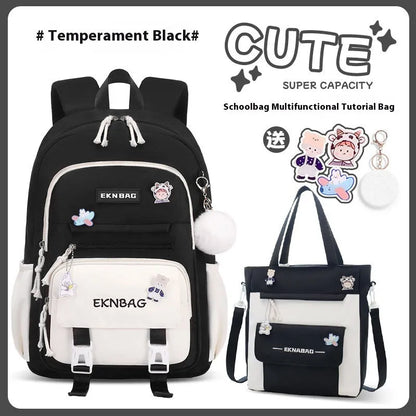 Pink waterproof Oxford cloth school backpack for girls with curved shoulder straps, shown with matching pencil case.