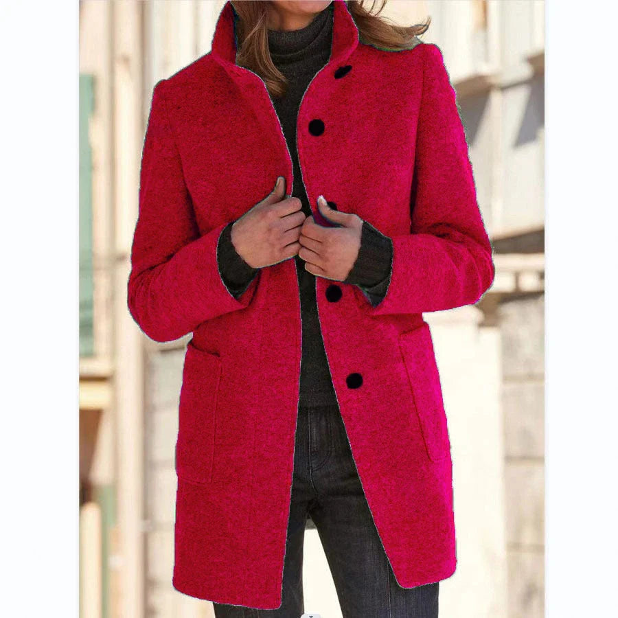 Fashionable woolen coat with stand collar, pockets, and button closure for women's fall and winter outerwear