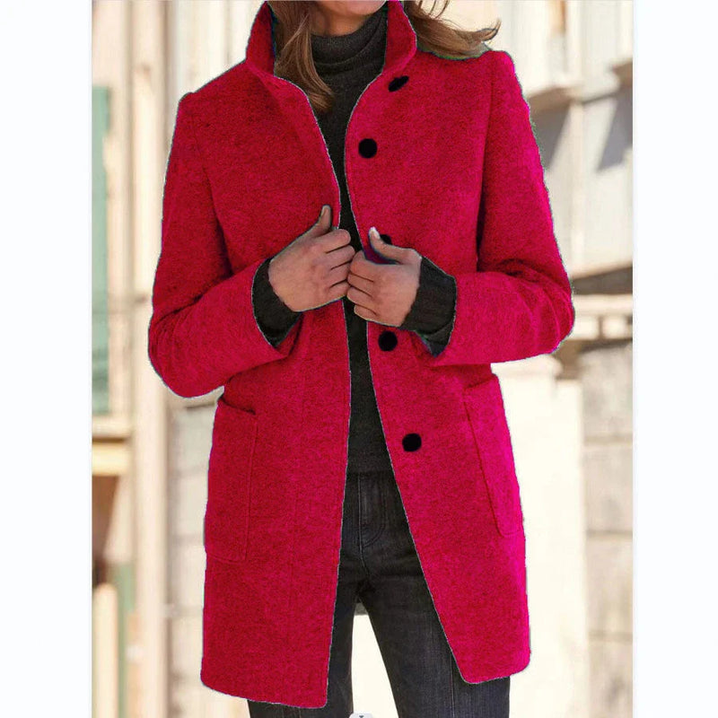 Fashionable Woolen Coat with Pockets for Women