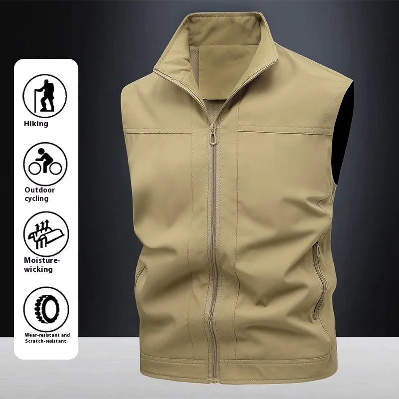Men's loose fit casual work shirt with a stand-up collar in an army green colour.