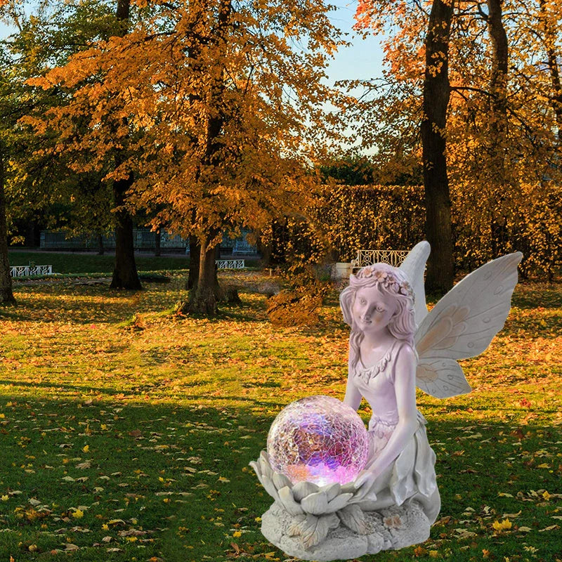 European-style flower fairy resin statue holding glass ball, perfect for garden and home decor