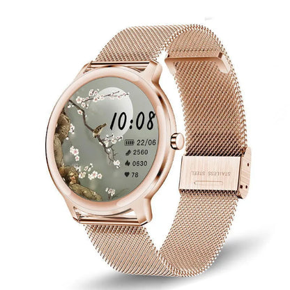 Women's smart watch with stainless steel wristband and 1.3 inch touch screen showing display interface