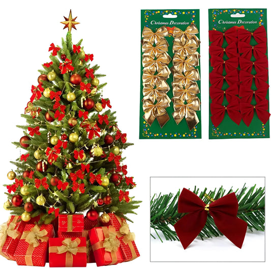 Polyester Christmas tree bow ornament in red, gold, and silver colours measuring 5 cm wide