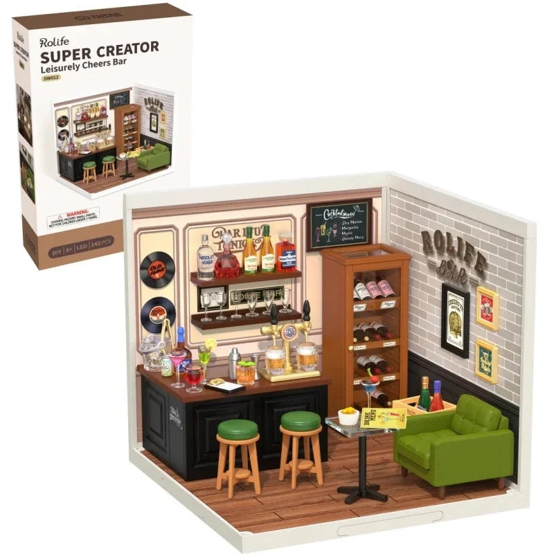 Robotime Rolife DIY Miniature House Cafe Building Set with detailed furniture and ambient light