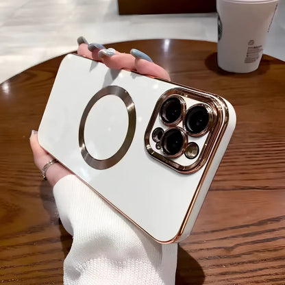 Electroplated metal brushed magnetic iPhone case showing magnetic ring and precise port cutouts