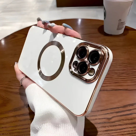 Electroplated metal brushed magnetic iPhone case showing magnetic ring and precise port cutouts