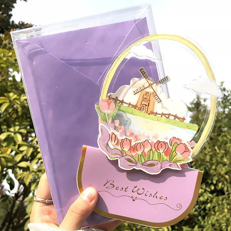 Handmade 3D pop-up greeting card with butterfly shape showing artificial flowers and hot stamping details