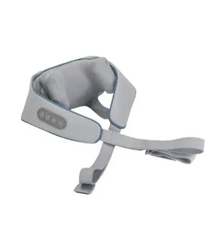 Creamy white rechargeable shoulder and neck massager with kneading rollers.