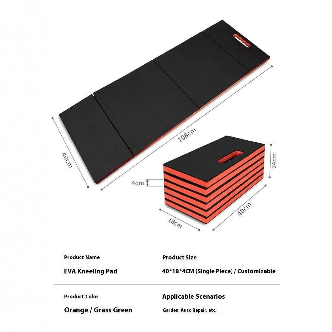 Large grey folding kneeling mat for car repair and gardening, shown unfolded and folded, dimensions 116cm by 40cm.
