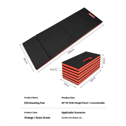 Large grey folding kneeling mat for car repair and gardening, shown unfolded and folded, dimensions 116cm by 40cm.