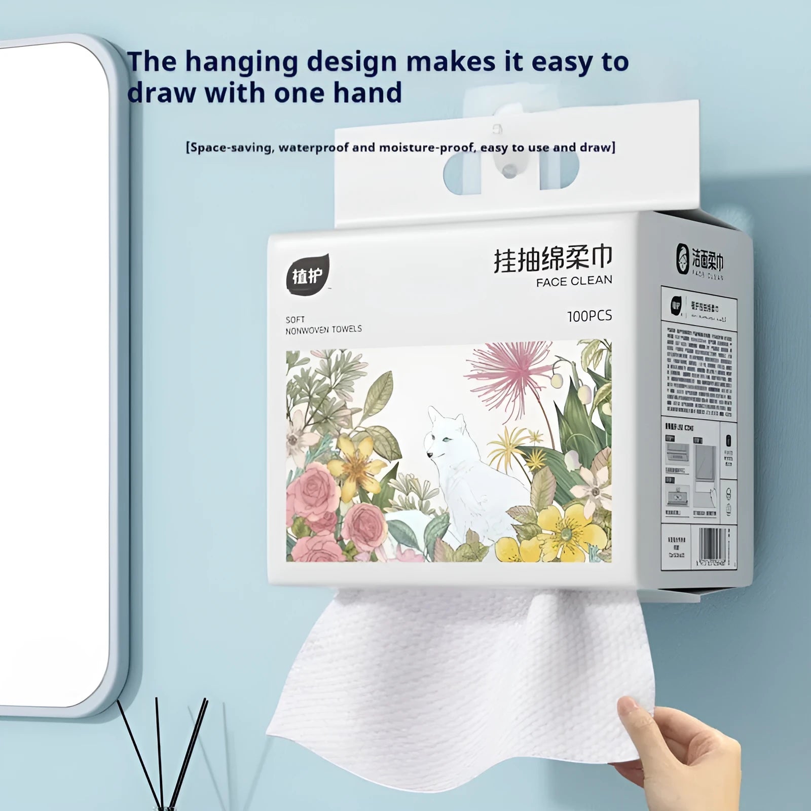 Disposable face cloth towel roll with removable hanging design, 100 sheets