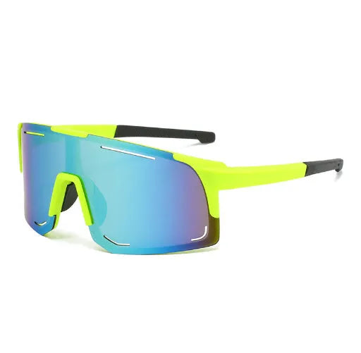 Square cycling sunglasses in black, blue, green, pink, or white frame with various lens films