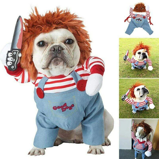 Adjustable polyester pet costume with wig and foam knife accessories, perfect for Halloween celebrations with your furry friend