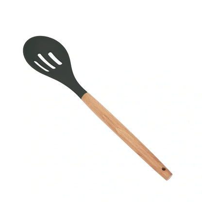 Wooden handle silicone cooking utensils set with 12 tools including spatula, whisk and food tongs in organiser barrel