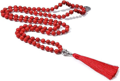 Handmade knotted beaded necklace with 108 natural stone beads in various colours.