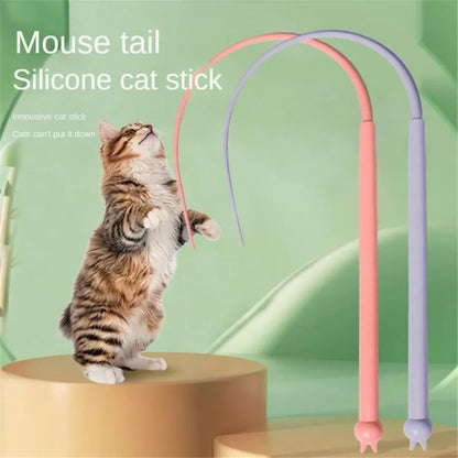Blue simulated mouse tail cat toy with silicone tail and cat head design on a stick.