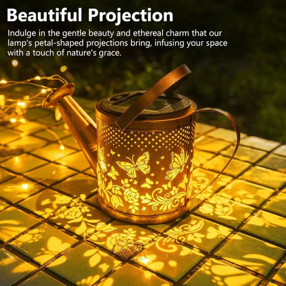 Wrought iron solar kettle light with butterfly design for garden decoration