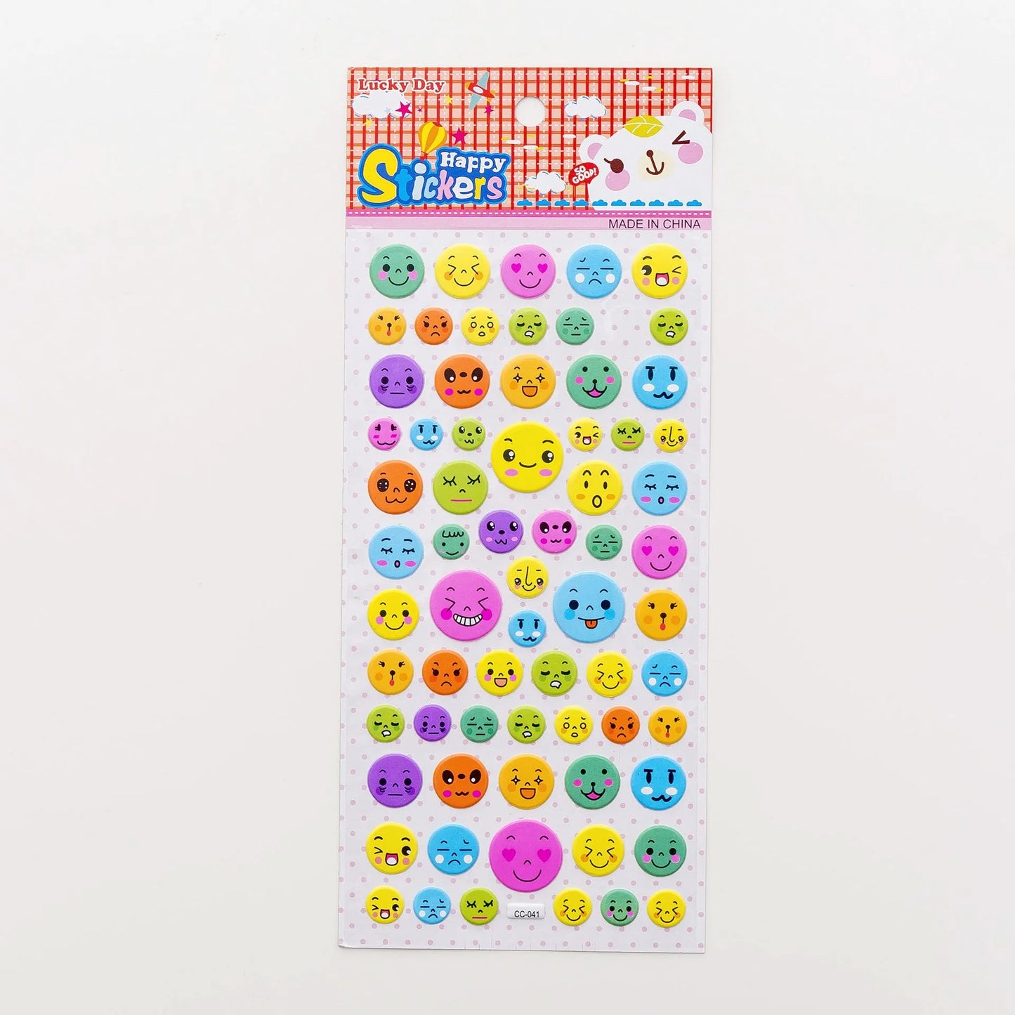 Cartoon three-dimensional bubble stickers showing colourful animal, food and pattern designs for decoration