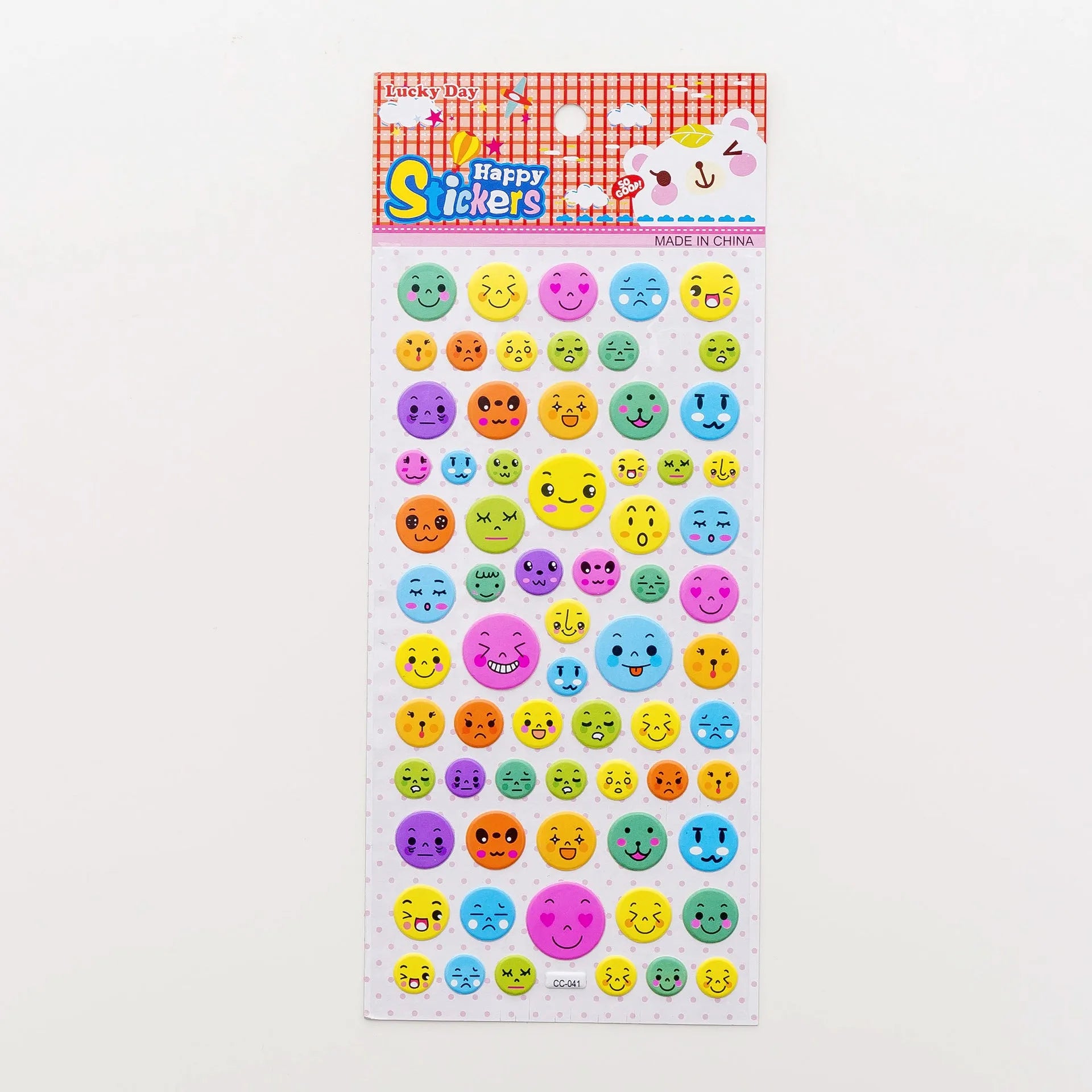 Cartoon three-dimensional bubble stickers showing colourful animal, food and pattern designs for decoration
