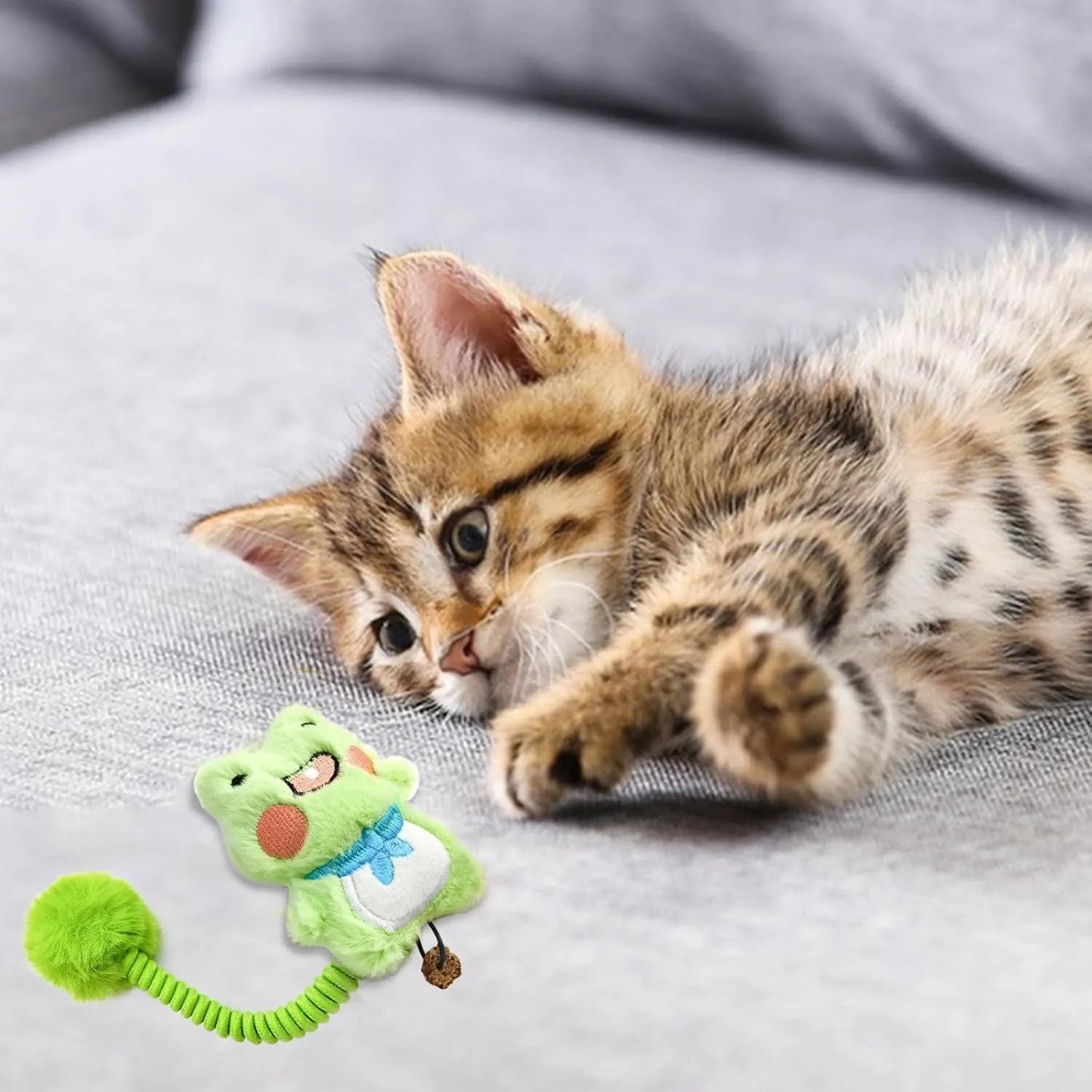 Set of plush animal cat toys with silvervine fruit, a long flexible spring, and a fuzzy ball for interactive play.