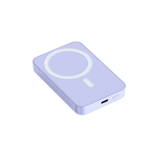 Pink magnetic power bank showing 20000mAh capacity and 100x64x18mm dimensions with charging indicators