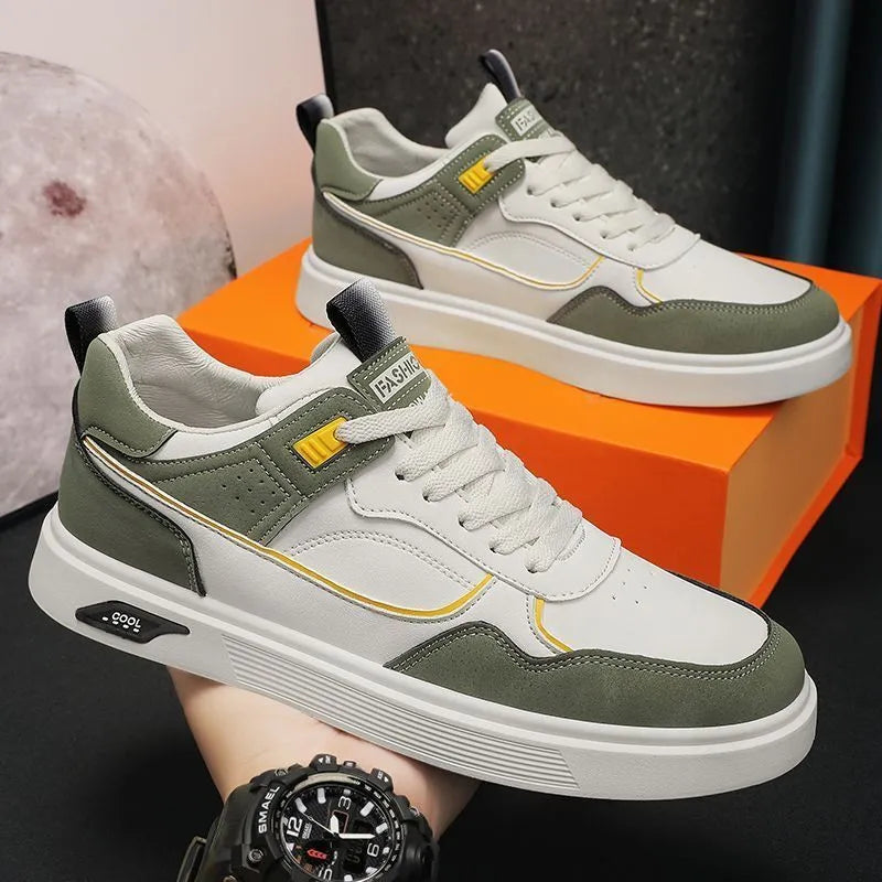 Low-top canvas board shoes in beige with mesh lining and leather stitching details on a solid background