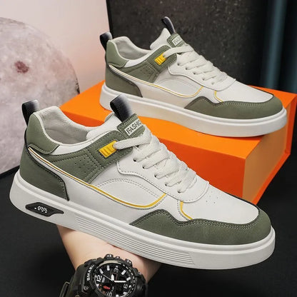 Low-top canvas board shoes in beige with mesh lining and leather stitching details on a solid background