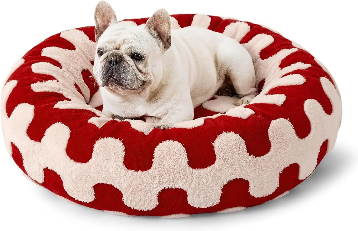 Round blue and white plaid pet bed with plastic frame and fleece cover for dogs