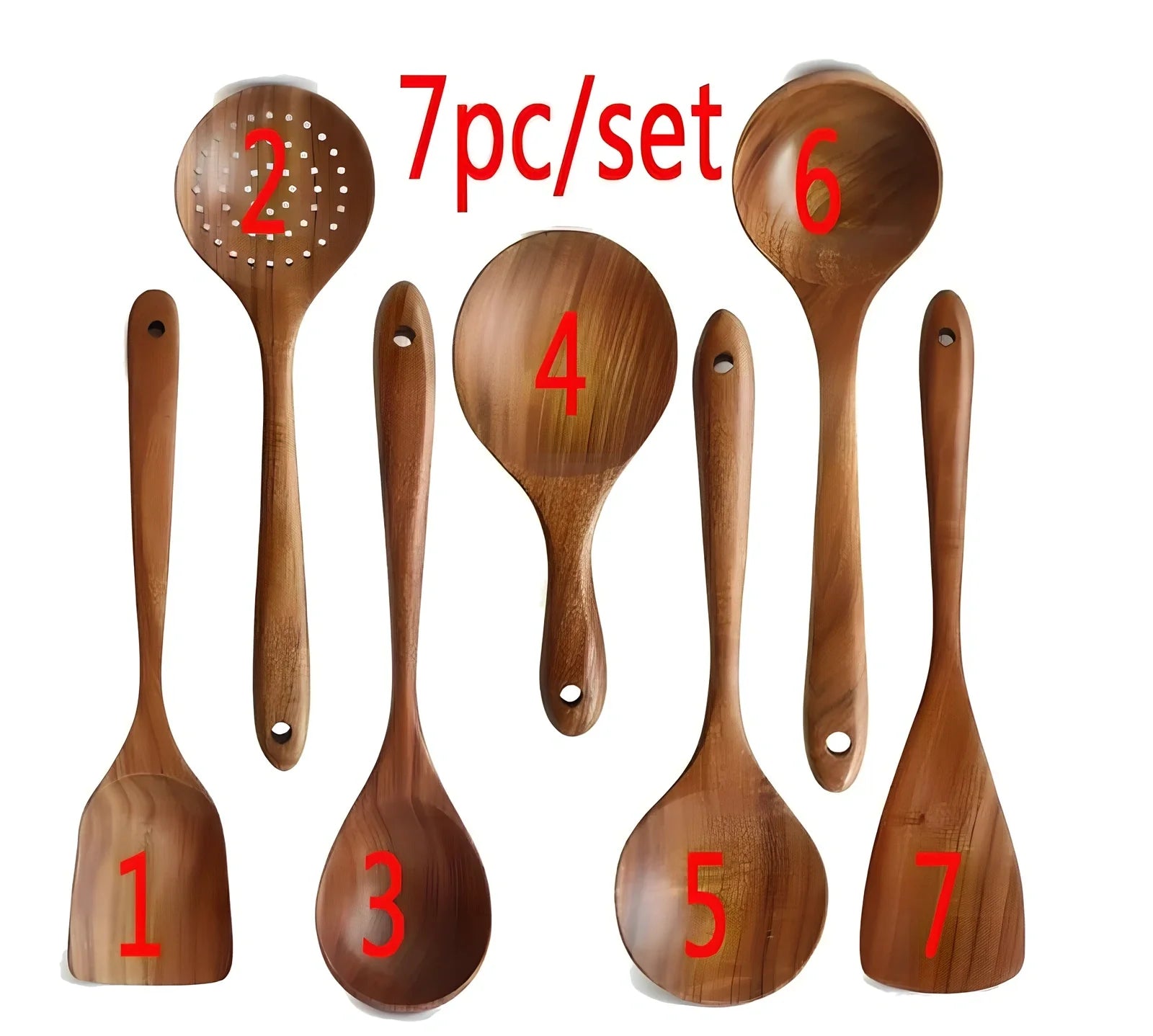 Teak wood kitchen utensil set with five tools including frying shovel, rice spoon, and soup spoons