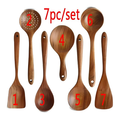 Teak wood kitchen utensil set with five tools including frying shovel, rice spoon, and soup spoons