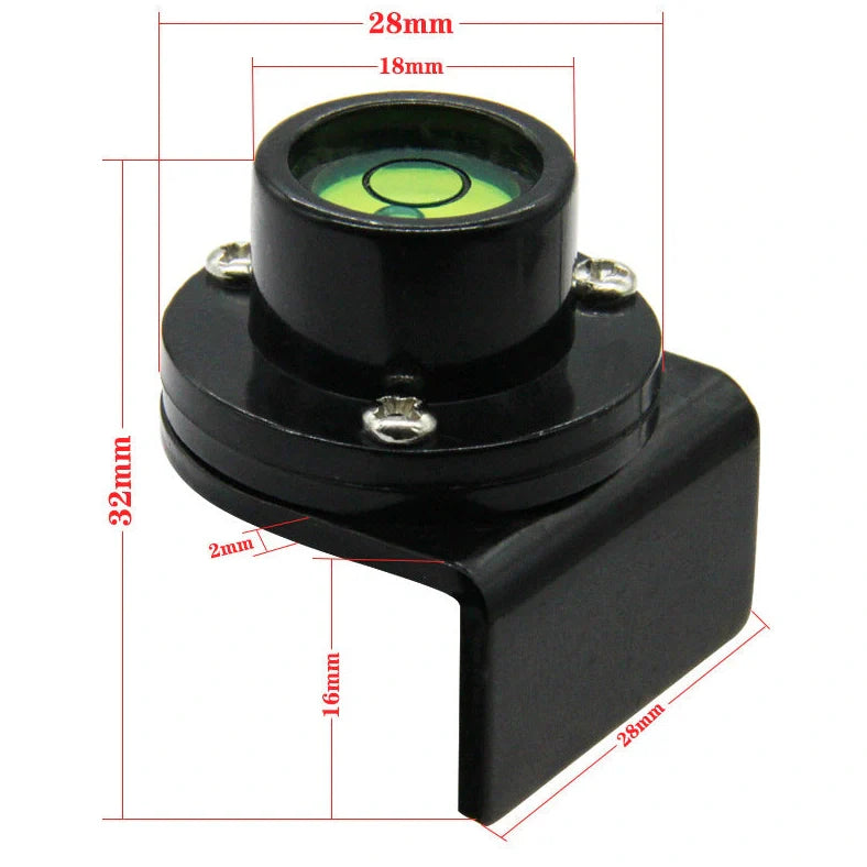 Black plastic flange level tower ruler with 28x32mm dimensions and integrated level indicator