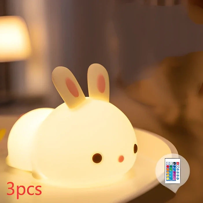 White rabbit silicone night light with touch control measuring 94x144x104mm