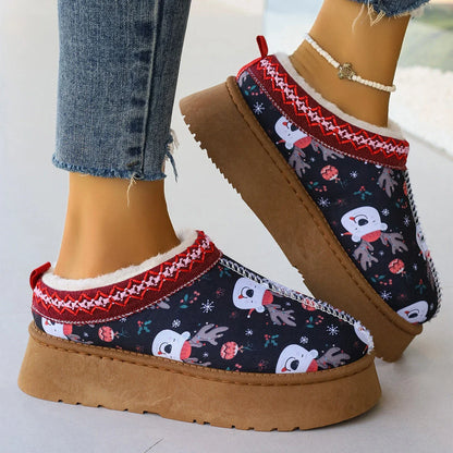 Women's winter ankle boots with festive cartoon Christmas print, plush lining, and durable EVA sole for comfortable, warm wear.
