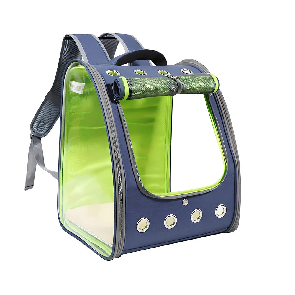 Blue pet backpack with transparent PVC windows showing interior, adjustable shoulder straps, and ventilation holes