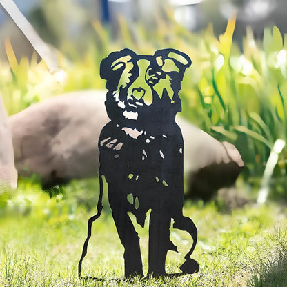 Metal dog silhouette garden decoration showing breed outline on iron background for outdoor display