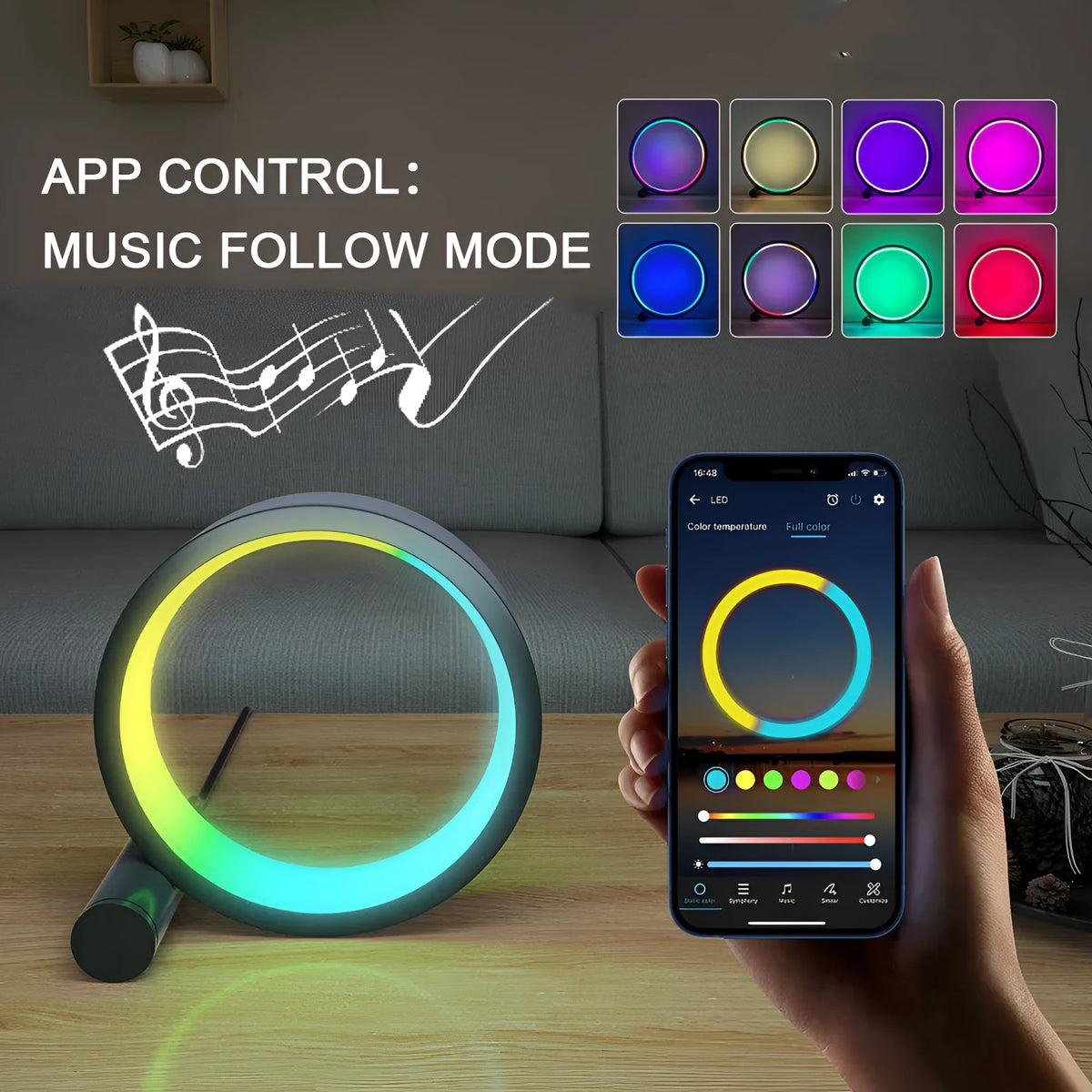 Smart aluminium LED light with colour-changing music rhythm mode and app control.