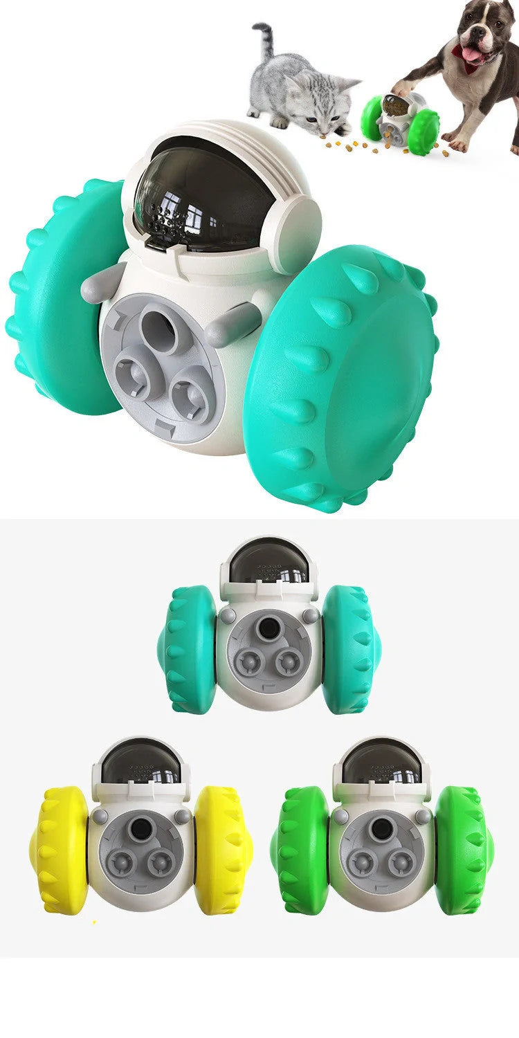 Interactive dog toy with food dispenser in yellow, green, and blue for mental stimulation