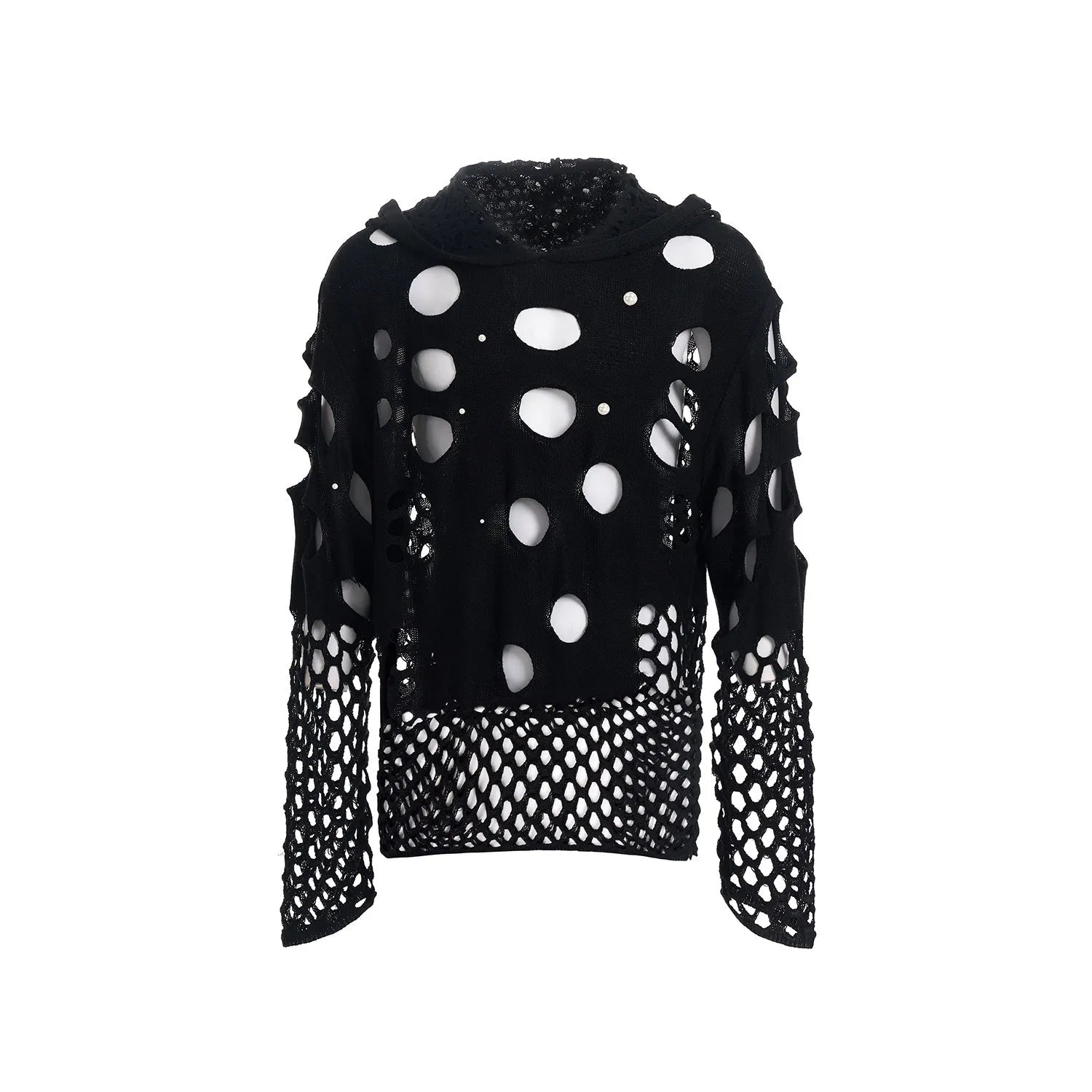 Men's black loose-fit hooded sweater with pearl decorations, thin fabric for spring