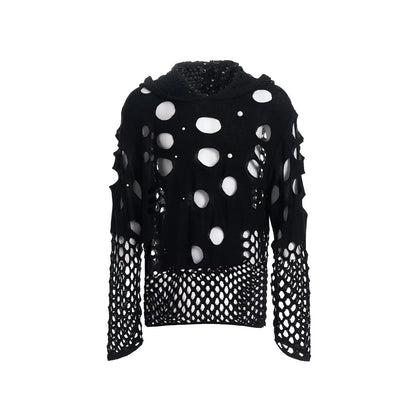 Men's black loose-fit hooded sweater with pearl decorations, thin fabric for spring