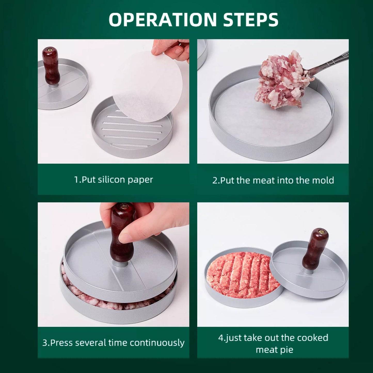 Mini burger press with wood handle for making slider patties, BPA-free aluminum alloy