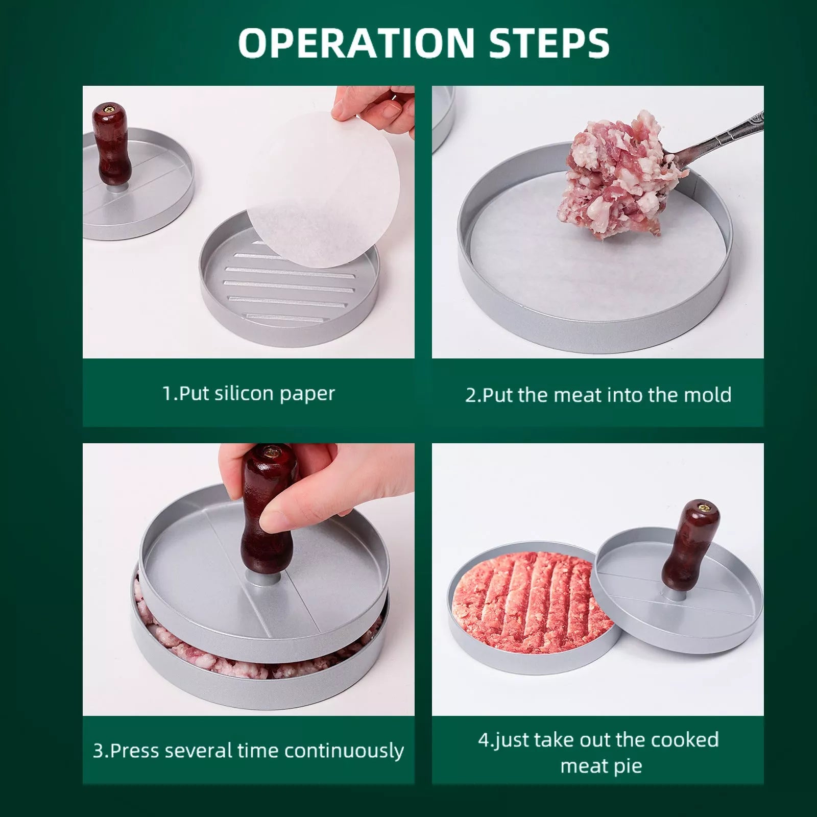 Mini burger press with wood handle for making slider patties, BPA-free aluminum alloy