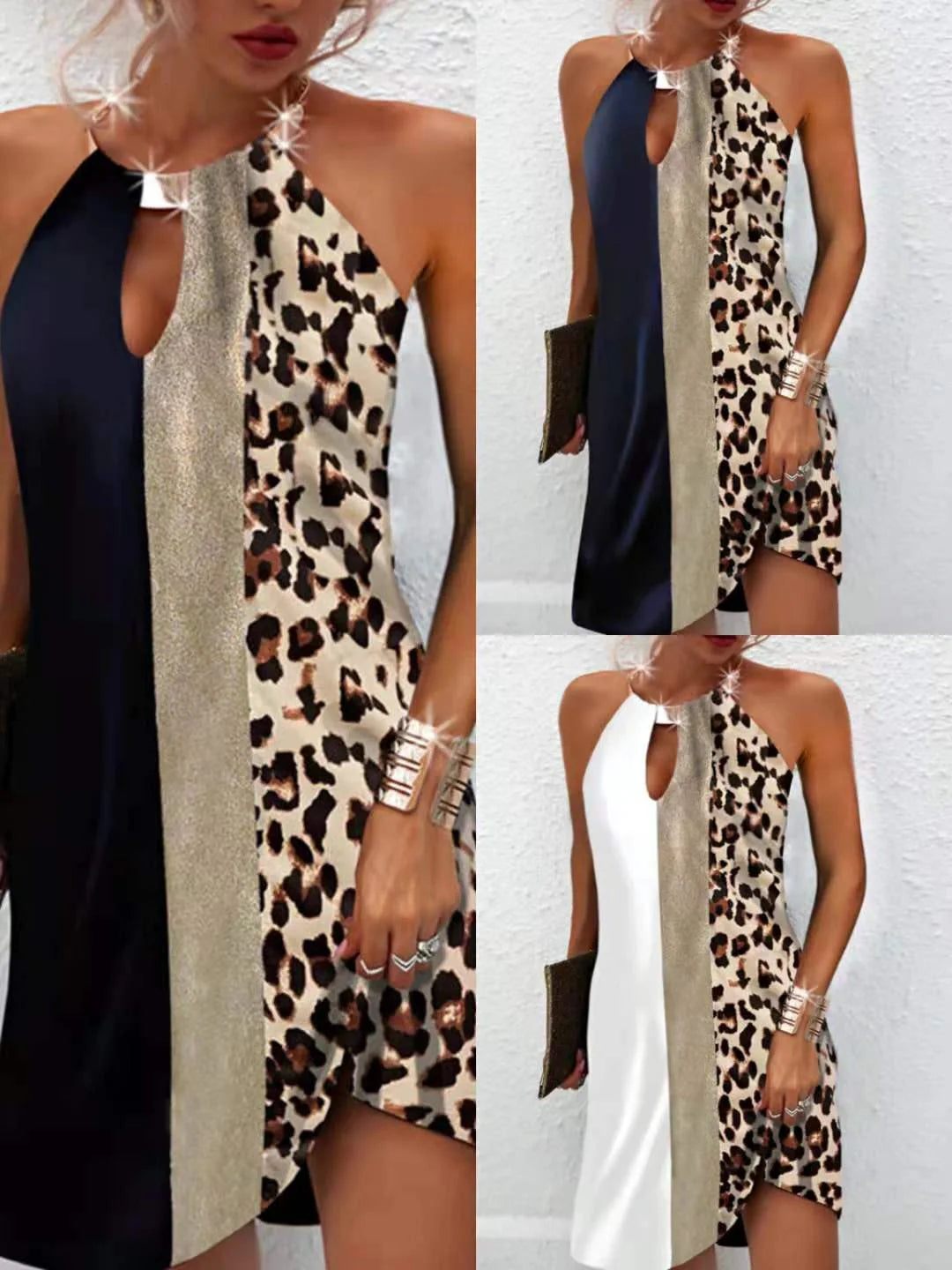 Leopard print sleeveless back metal halter dress in white, black, and blue