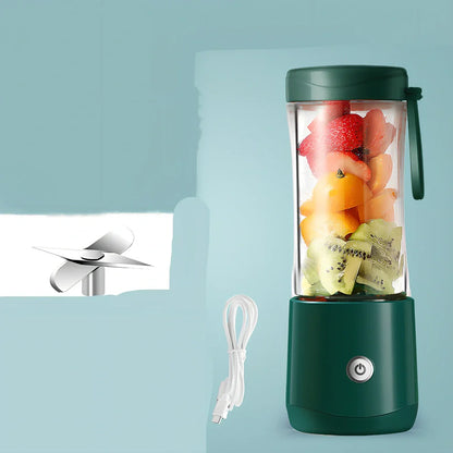 Mini electric portable juice machine with USB cable and six-blade stainless steel design in dark green colour