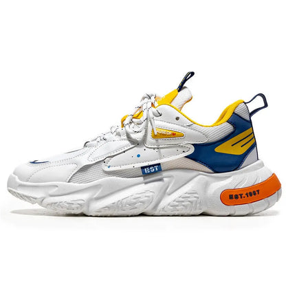 Men's low top casual pumps with 3-5cm mid heel, round toe, rubber sole, in white orange, white grey, or white blue.
