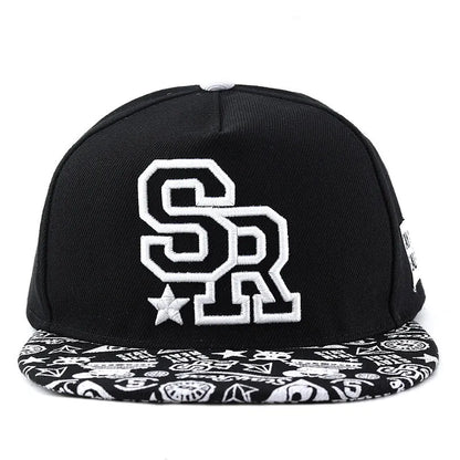 Cotton baseball hat with letter embroidery showing dome crown and adjustable strap in black and white colour options
