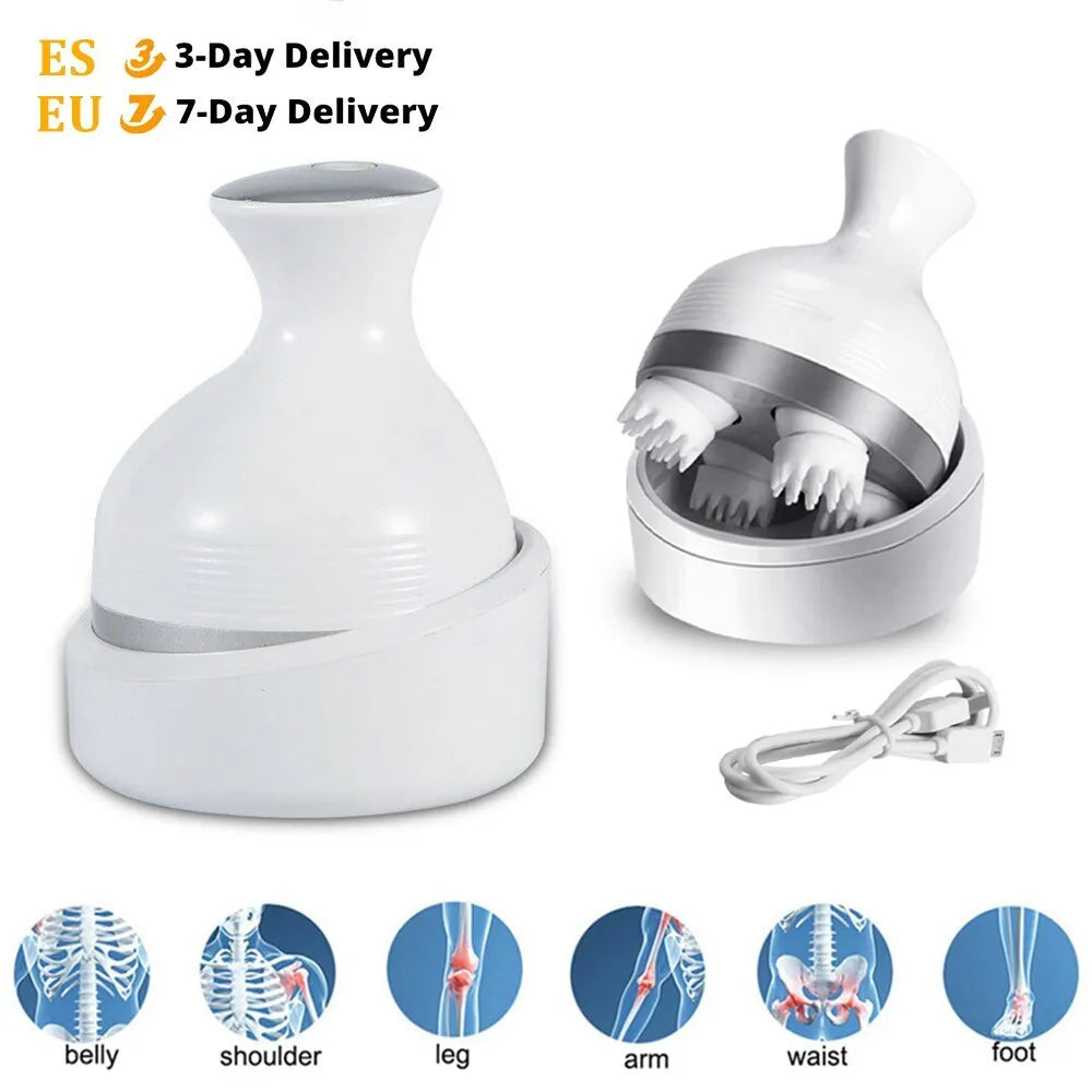 Blue electric scalp massager with four claw massage heads, IPX7 waterproof, rechargeable cradle base, 11x14cm